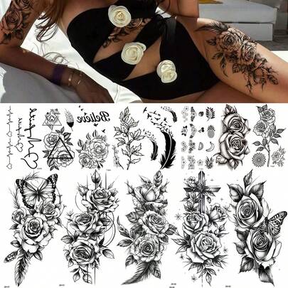 13pcs Sexy Black Flower Temporary Tattoos, Durable & Waterproof Fake Tattoo Stickers For Women, Body Art Tattoo For Arm, Leg, Chest