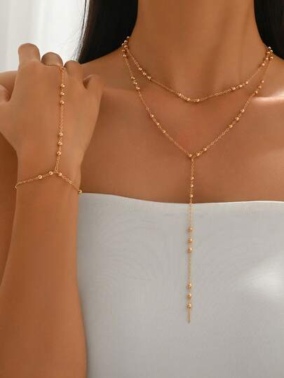 3pcs/Set Minimalist Elegant Gold-Tone Y-Shaped Necklace & Finger Chain Jewelry Set, Suitable For Women's Daily, Commute, Party, And Date Wear. Chain Length Can Be Customized By Cutting Links.