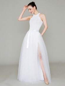 1PC Slit Long Floor-Length Tulle Skirt With Ribbon, For Cosplay, Prom, Evening Party, Available In Black, White, Dark Green, Valentine's Day,Summer,Beach,Wedding - Multicolor - View 6