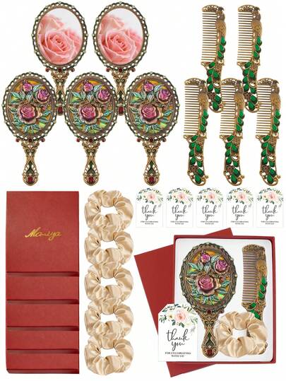 Bộ lược và gương mini đính đá hoa hồng cổ điển, phụ kiện tóc màu hồng, hộp quà và thiệp cảm ơn, quà tặng cho tiệc cưới, thích hợp cho phù dâu và các cô gái trong tiệc độc thân, tiệc cưới, sinh nhật, năm mới, ngày lễ tình nhân, quà tặng ngày của mẹ.