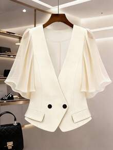 Women's Solid Color V-Neck Double-Breasted Chiffon Patchwork Ruffle Sleeve 3/4 Sleeve Short Blazer Jacket For Office & Daily Wear Summer - Apricot - View 1