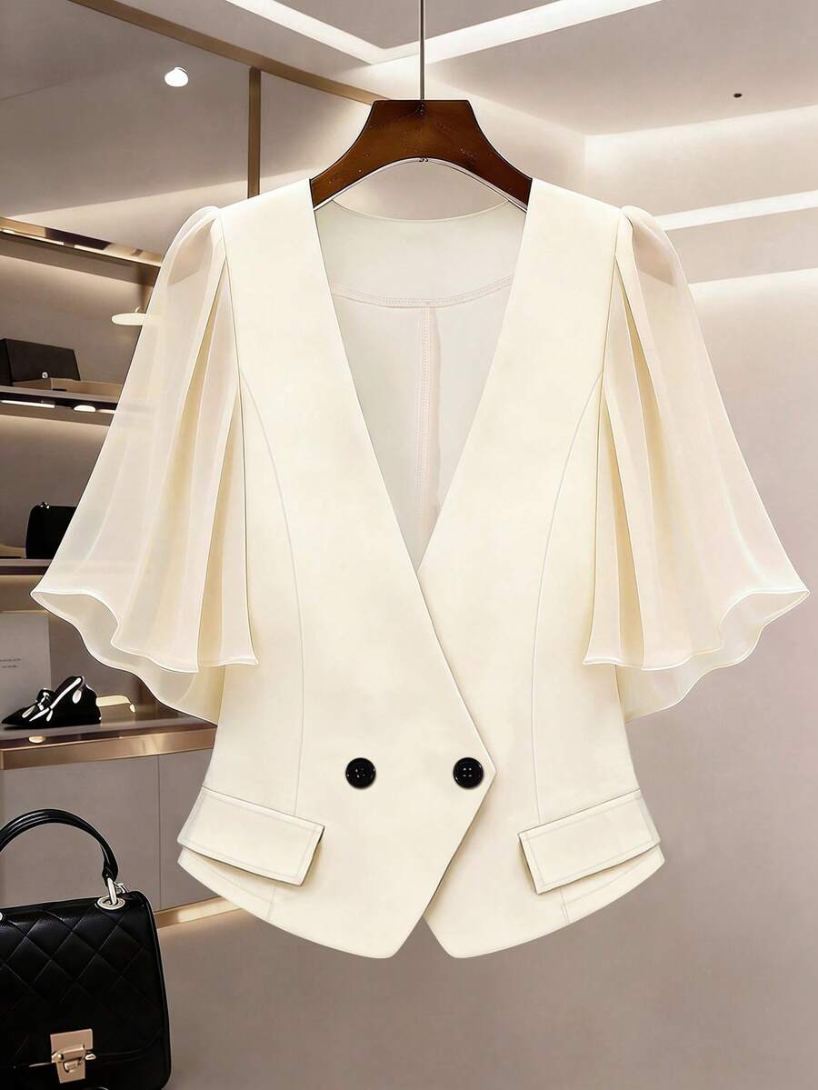 Women's Solid Color V-Neck Double-Breasted Chiffon Patchwork Ruffle Sleeve 3/4 Sleeve Short Blazer Jacket For Office & Daily Wear Summer - Apricot - View 1