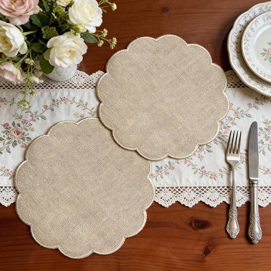 2/4/6pcs Wavy Edge Round Placemats, Cloud Embroidered Round Placemats, Rustic Hemp Cloth Placemats Set, Natural Farmhouse Style Table Mats, Heat Insulation - Multicolor - View 1