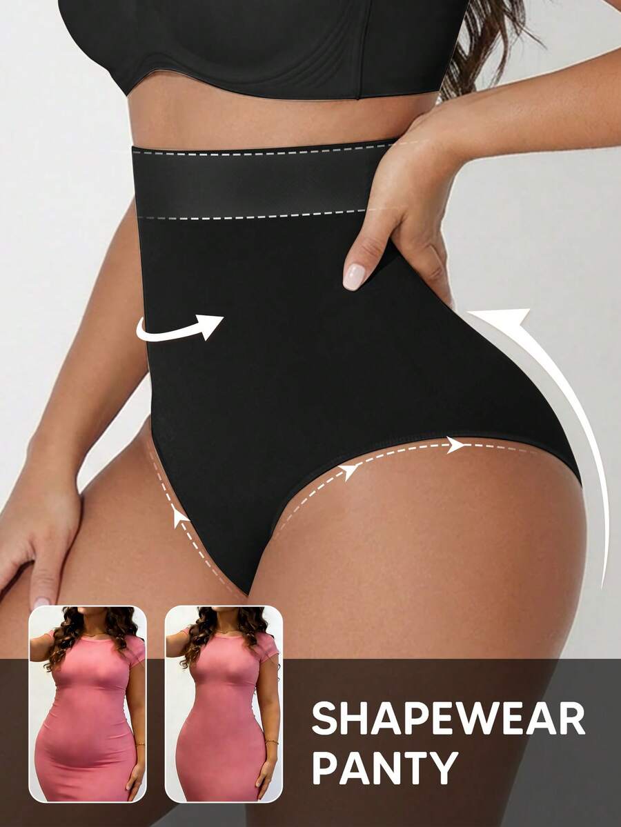 1pc Women's High Waist Seamless Shapewear Panty, Breathable Tummy Control Underwear - Black - View 1