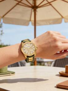 GUESS W0325L5 Multi-Function Crystal Wristwatch, With Navy Blue Patent Leather Strap, Fashion Essential - Gold - View 4