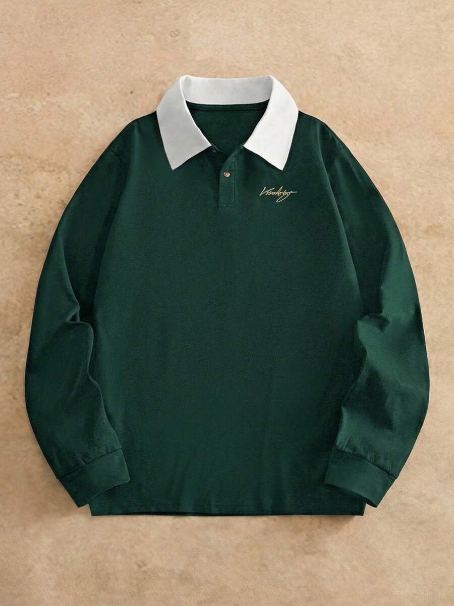 Camisa polo casual de manga larga con estampado de letras y color contrastante para hombres - Verde Oscuro - Ver 1