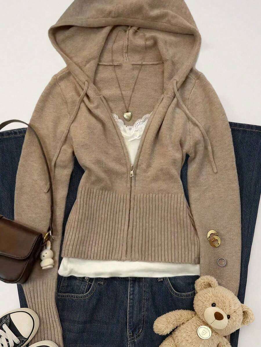 Women's Casual Cute Short Zip-Up Hooded Fitted Knit Cardigan, Long Sleeve Daily Commute Versatile Knit Jacket, Autumn/Winter Street Style Y2K - 灰色 - 查看 1