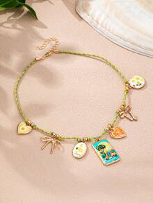 1 pieza Collar con múltiples capas de estilo bohemio y colorido para mujeres, con colgantes de elementos marinos esmaltados como lazo, estrella de mar y fruta, decoración de cuerda trenzada, accesorio de moda de verano - Multicolor - Ver 2
