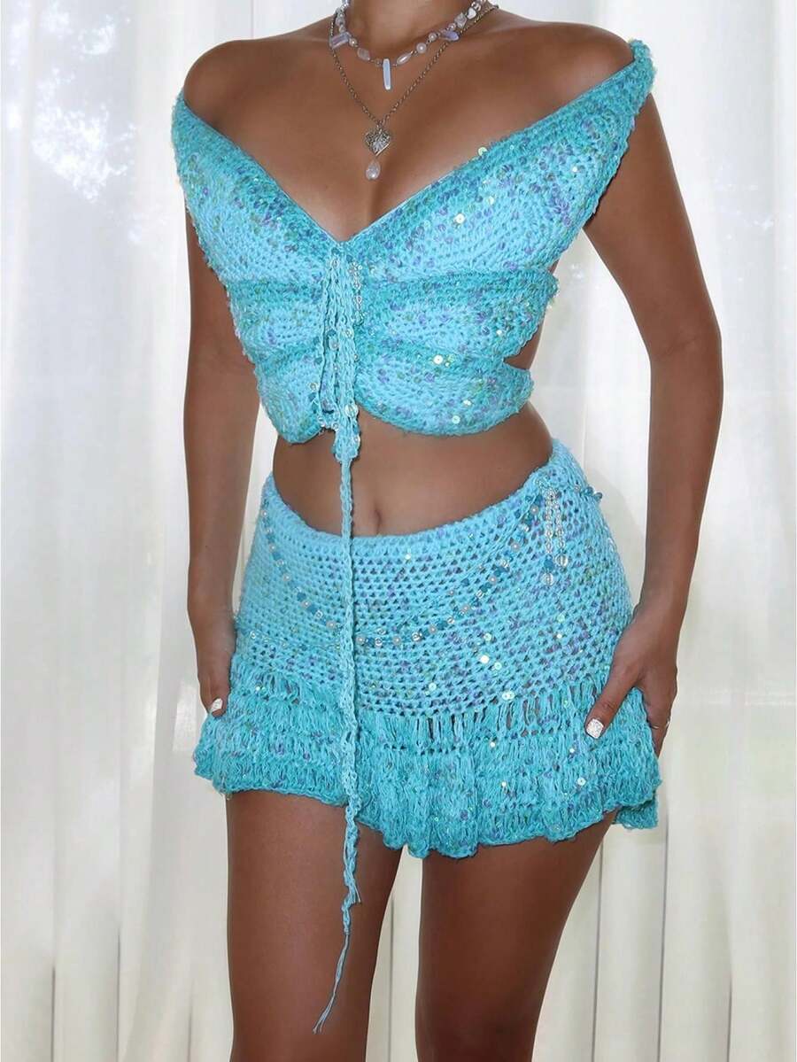 Y2K Women's 3D Butterfly Sequin Crop Top, Off Shoulder Cut Out Tie Front Glitter Top For Festival Rave Vacation - Sky Blue - View 1