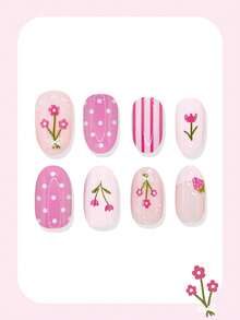 24pcs Spring & Summer Short Round Press-On Nails, Pink Floral, Strawberry, Polka Dot & Striped French Manicure Fake Nails, Suitable For Women Daily Wear, Gift For Family & Friends - Pink - View 2