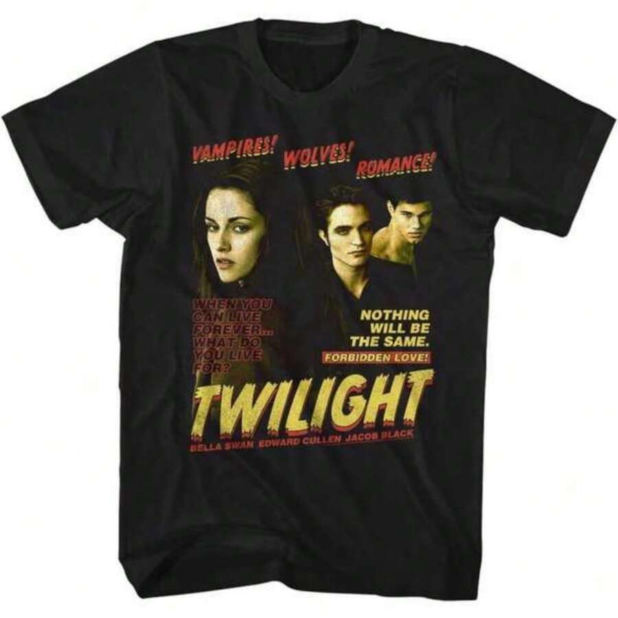 Twilight Movie Vampire Wolf Romance Adult Short Sleeve T-Shirt Vintage Style Graphic Tees - màu đen - Xem 1