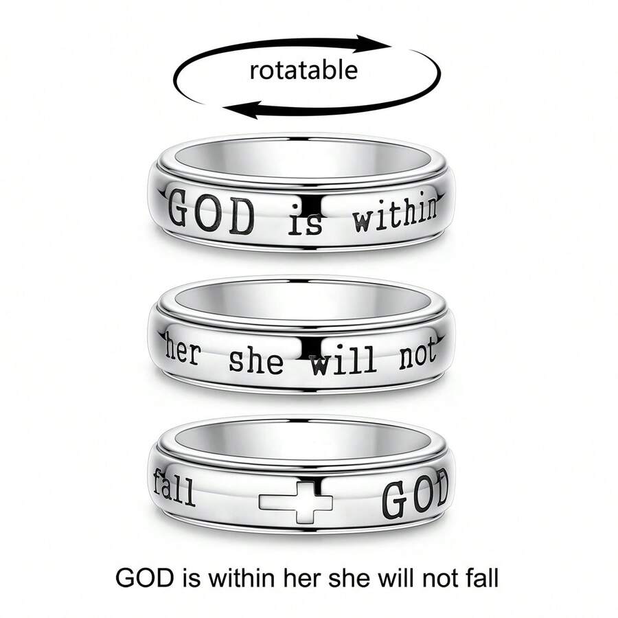1 pieza Anillo giratorio de color plateado caliente con el símbolo de la cruz y el texto "DIOS ES AMOR" de estilo religioso cristiano, diseño giratorio perfecto como regalo para el para hombres y mujeres - Plateado - Ver 1
