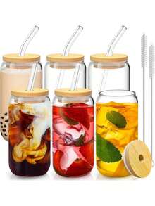 6 PCS Drinking Glasses With Bamboo Lids & Straws - 16oz Clear Water Cups For Iced Coffee, Tea, Cocktails, Whiskey, Soda. - 查看 1