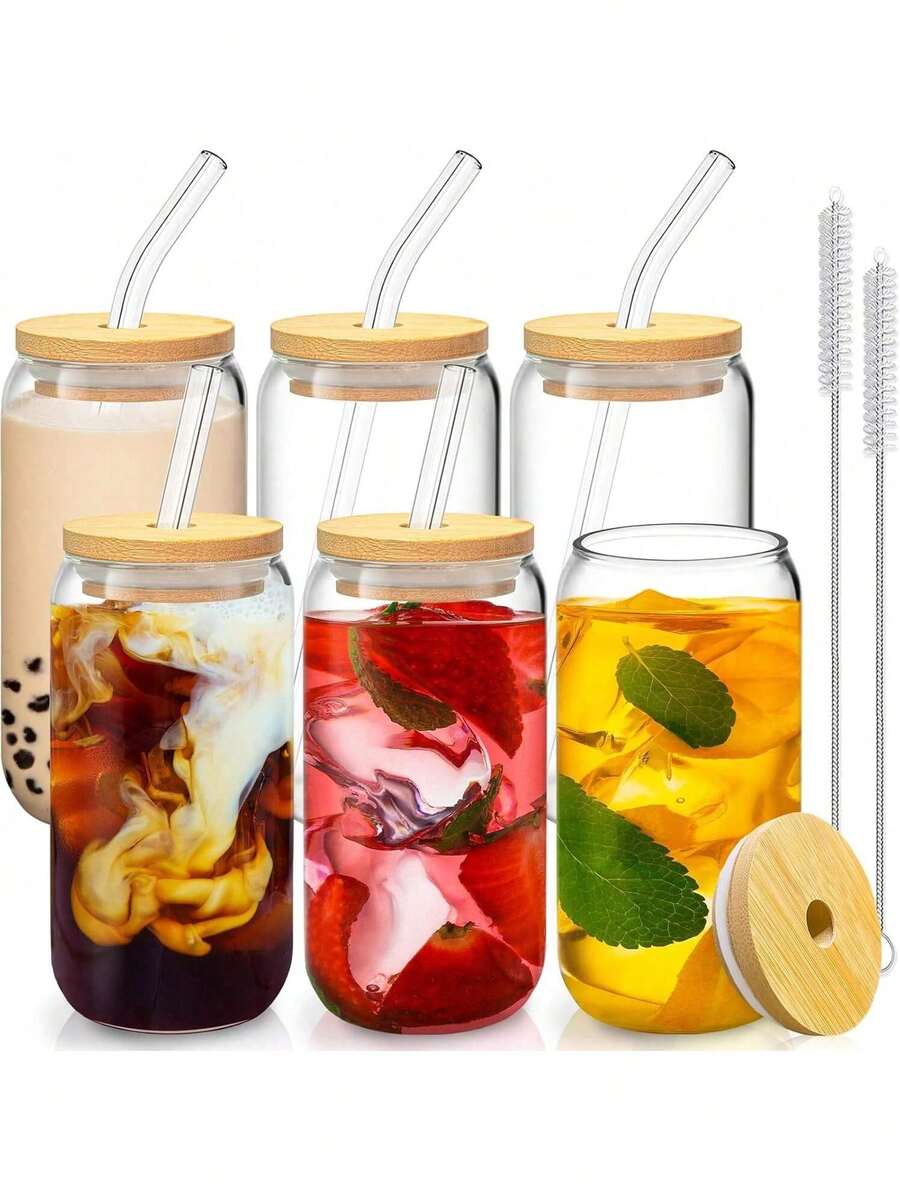 6 PCS Drinking Glasses With Bamboo Lids & Straws - 16oz Clear Water Cups For Iced Coffee, Tea, Cocktails, Whiskey, Soda. - 查看 1