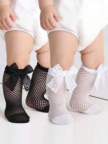 2 Pairs Baby Girls' Sweet Cute Bow Decor Hollow Fishnet Socks, Breathable Mid-Calf Mesh Socks For Spring/Summer - Multicolor - View 12