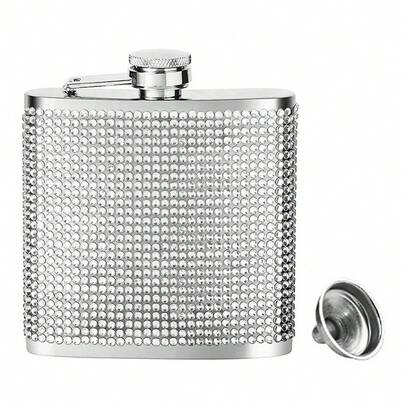 Set van 2 roestvrijstalen heupflessen van 177 ml met strasssteentjes (inclusief trechter), stijlvolle luxe zilveren platte vierkante lekvrije draagbare fles met schroefdop, ideaal als feest- of vakantiecadeau.