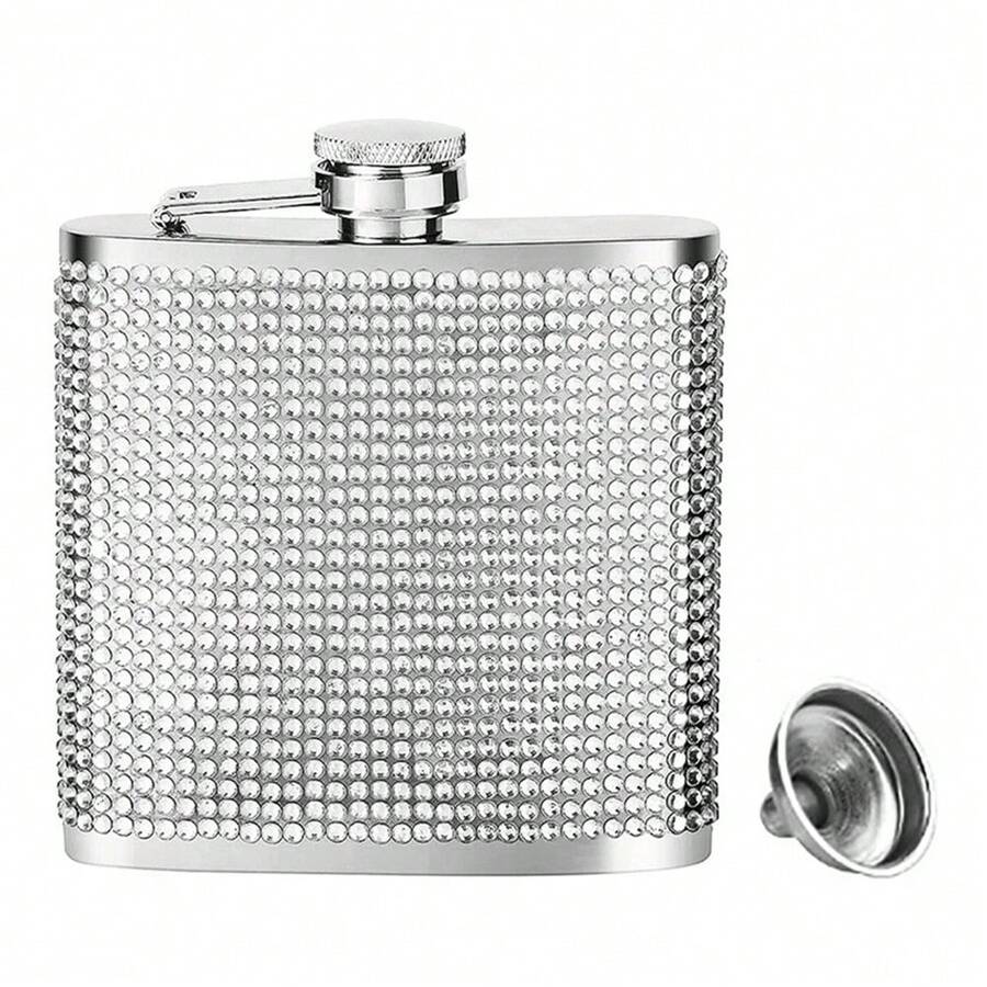 2pcs 6oz Rhinestone Stainless Steel Hip Flask Set (With Funnel), Fashionable Luxury Silver Flat Square Leak-Proof Screw Cap Portable Flask, Party/Holiday Gift - Silver - View 1