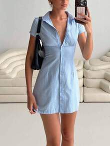 Princess Polly Princess Polly Women's Collared Button Down Mini Dress, Short Sleeve Bodycon Shirt Dress For Casual Outings Brunch Dates - 淺色水洗藍 - 查看 7
