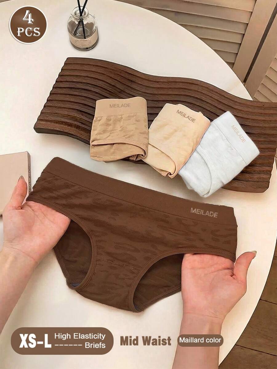 4pcs/Pack Seamless Mid-Waist Panties, Maillard Color Comfortable High Elasticity Triangle Briefs - Multicolor - View 1