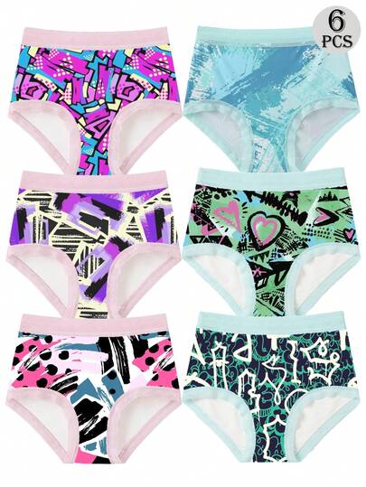  Dircho 6条装女士涂鸦印花三角裤，粉色和薄荷绿撞色弹力腰带，柔软弹力面料，饰有鲜艳的抽象和心形图案，透气舒适，多条装，适合日常穿着。
