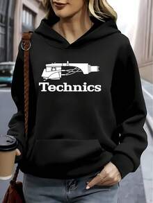 Women's Polyester Hoodie With Technics Turntable Print, Black Lightweight Sweatshirt For Music Lovers, Perfect For Home, Lounge, Or Cafe Wear, Durable And Comfortable Design, Casual Outerwear, Lounge Wear, Women's Hoodie, Music Sweatshirt, Black - màu đen - Xem 1