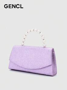 1pc Elegant Faux Pearl Decorated Purple Handbag, Party/Event Tote Bag For Women, Elegant Pearl Clutch, Prom Bag - 紫色 - 查看 7