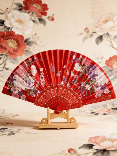 1pc Solid Color Silk Folding Fan With Gold Trim, Dance Prop, Party & Event Decoration Accessory
