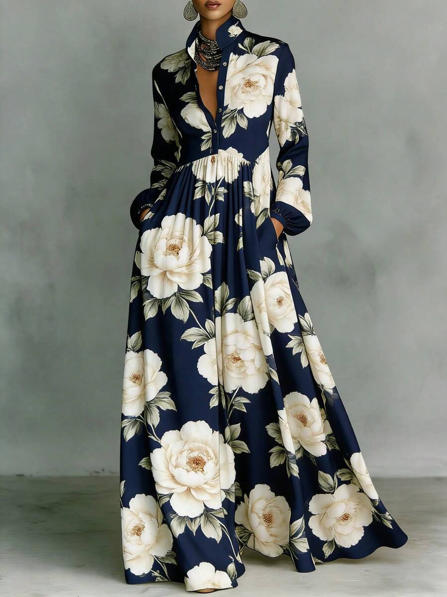 French Style Elegant Retro Casual Dress For Women Slimming Long Sleeve Printed Midi Dress With Waist Cinching Vacation Fashion Clothing - 藏青色 - 查看 1