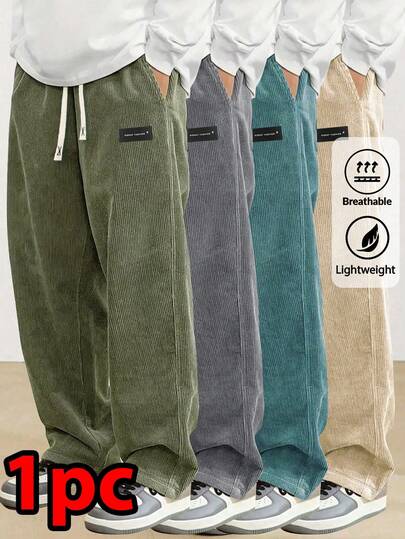 Men's Elastic Waist Corduroy Drawstring Straight Leg Casual Pants, Retro Style For Spring & Autumn
