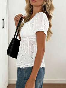 Casual Elegant Charming Fashion Embroidered Floral Trim Short Sleeve Blouse, Versatile For Leisure, Vacation And Commute, Women White Summer - White - View 4
