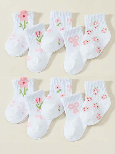 10 Pairs Baby Assorted Floral Mid-Calf Socks, Fashion Versatile Themed Socks, Designed With Cute Floral Patterns, Soft, Breathable And Stretchy, Suitable For Babies' Casual Daily Wear