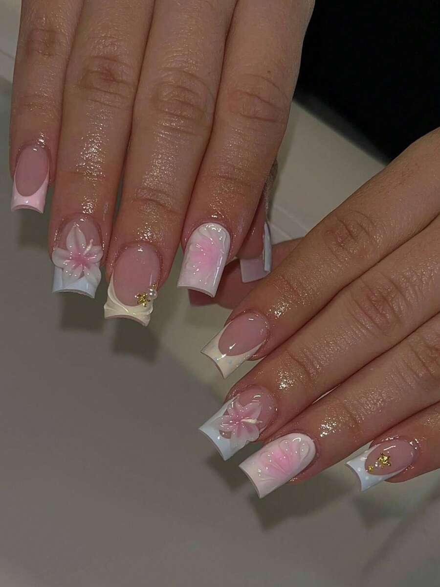 24片短方形3D凝胶美甲贴纸，花卉装饰，珍珠白法式美甲假指甲套装，包含1瓶胶水和1个指甲锉，适合夏季和法式美甲，适用于日常工作、派对等场合。 - 彩色 - 查看 1