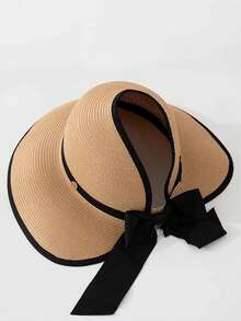 2026新款宽檐防晒草帽，女士款，夏季度假，沙滩休闲，敞口设计，可折叠，带蝴蝶结帽 - 彩色 - 查看 2