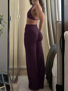 Pantalones acampanados ajustados de unicolor elegantes y modernos para el trabajo y el deporte para mujer, primavera - Rojo violeta - Ver 2