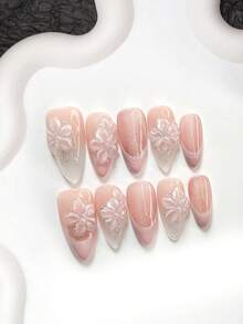 10pcs French Elegant Handmade Nail Art Set, Including Polygel Nail Kit, 5-Petal Flower Nail Decals, Nude Pink Cat Eye Nail Polish, Soft Pink Nail Polish, Nail Tools (1 Jelly Sticker + 1 Nail File). Available In 3 Sizes: Almond, Duck Mouth, Coffin. Suitable For Parties, Daily Wear, Photoshoots, Dates, Spring/Summer Commute Press On Nails - Nhiều màu - Xem 3