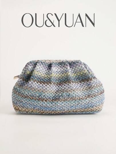 Túi xách cầm tay bằng rơm dệt nhiều màu gradient cổ điển, túi nhỏ xếp ly phong cách Boho, túi đi biển mùa hè, món quà lý tưởng cho kỳ nghỉ, phù hợp cho kỳ nghỉ, tiệc tùng, thường ngày, đám cưới và nhiều dịp khác.