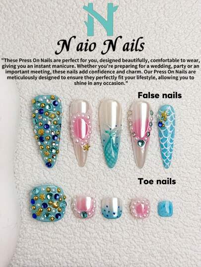 NAIO 10片夏季手工美甲贴片套装，可选配同款脚趾甲，有短款方形和长款尖头两种形状可选，Y2K风格珠光白底，蓝色美人鱼尾巴法式尖角和鱼鳞图案，3D美人鱼尾巴装饰，凝胶质感细节，海星吊坠，珍珠水滴和串珠点缀，光泽亮丽，适合女性和女孩，完美适用于派对和日常佩戴，包含美甲工具，是美甲爱好者的绝佳礼物。