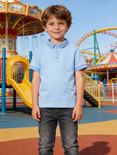 儿童短袖纯色T恤，时尚休闲Polo衫，男女童皆宜，校园风Polo衫，修身设计，弹力面料，适合身材偏瘦的孩子，凸显身材优势。建议身材稍瘦的孩子选择大一码，穿着更宽松舒适。是休闲外出和聚会的理想之选。