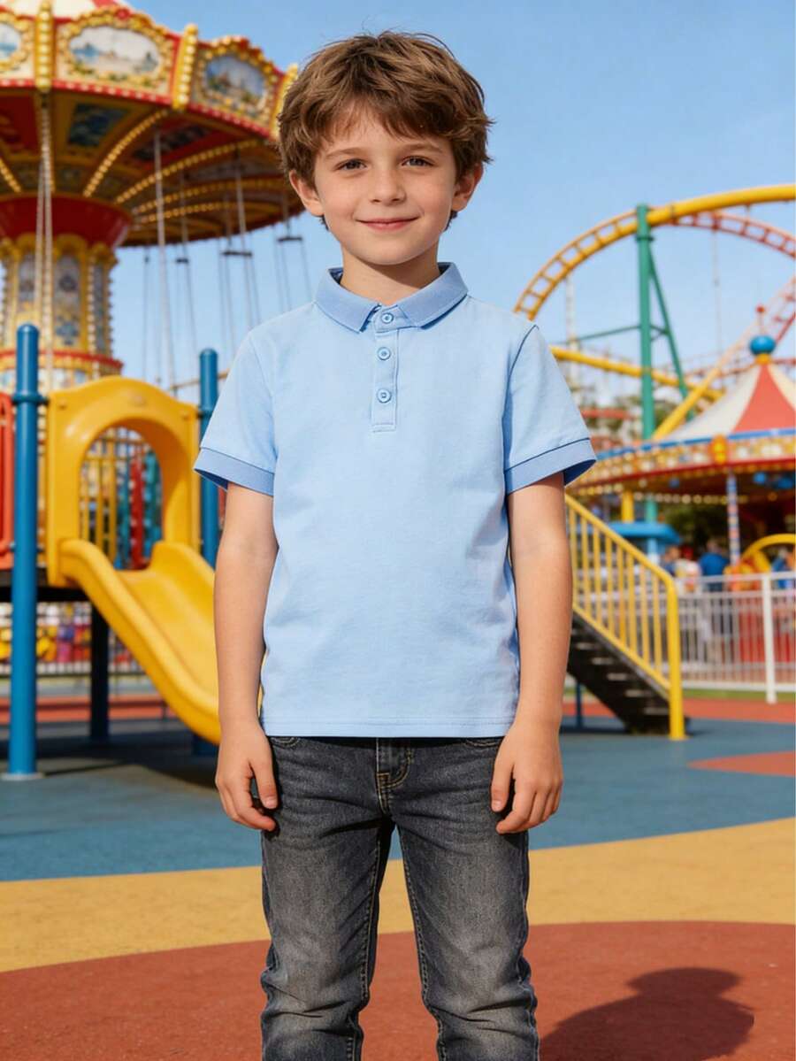 Unisex Baby Solid Color Pure Cotton Short Sleeve POLO Shirt, Thin Fit Comfortable Preppy Style T-Shirt, Simple And Elegant Basic Style Children's Clothing - Blue - View 1