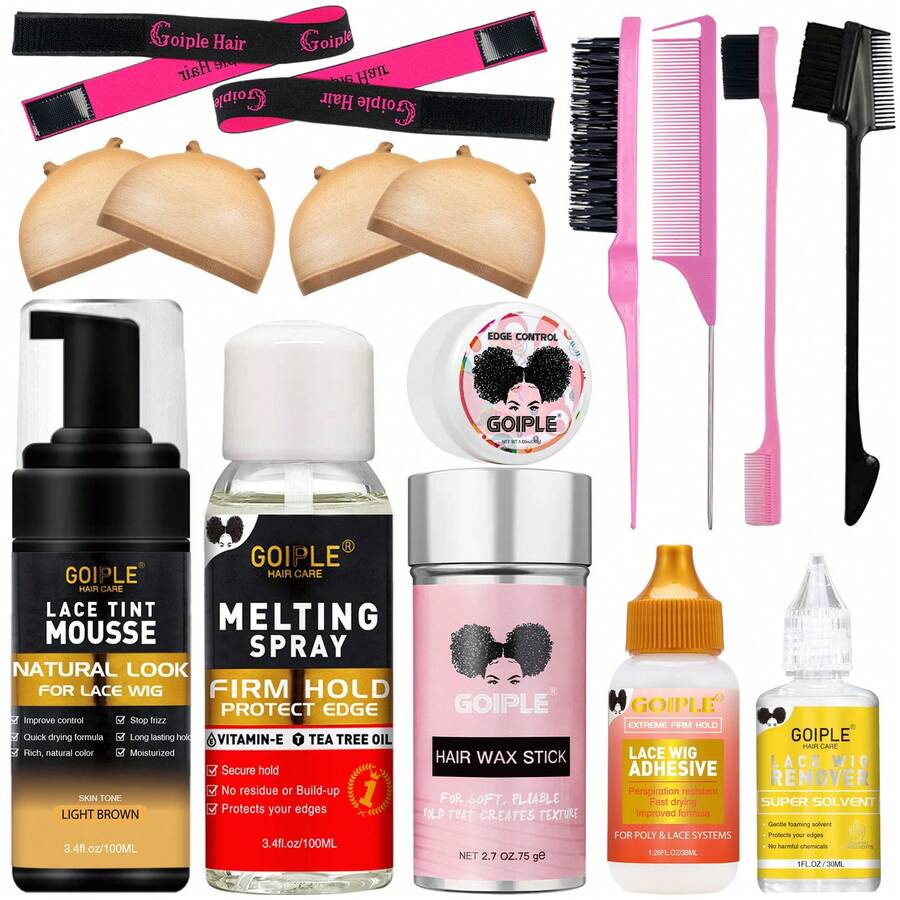 Goiple 16pcs Lace Tint Wig Install & Edge Perfecting Kit – Extreme Firm Hold Lace Wig Adhesive, Natural - Look Lace Tint Mousse, Long - Lasting Edge Control, Fast - Acting Melting Spray, Nourishing Hair Wax Stick, Easy - Remove Lace Wig Remover, Wig Caps, Styling Brushes, Combs & Elastic Bands – Sweat - Resistant, Frizz - Free, Secure Fit, Suitable For Curly, Straight, Wavy Hair, Women's Daily Styling & Lace Wig Setup - 16 miếng màu nâu nhạt - Xem 1
