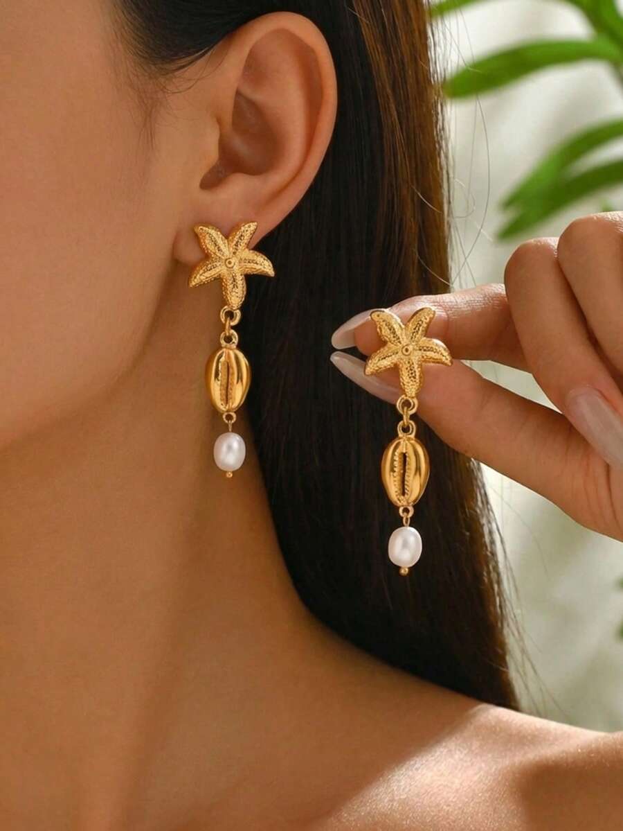 1 paire de boucles d'oreilles à gland avec pendentif étoile de mer et coquillage en acier inoxydable plaqué or 18 carats, pour femmes. Résistant à l'eau et à la décoloration, convient pour l'été. - Doré - Voir 1
