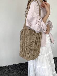 Casual Versatile Crochet Knitted Tote Bag, Large Capacity Shoulder Bag - Khaki - View 5
