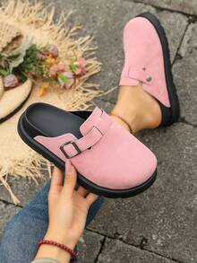 New Retro Multi-Color Birkenstocks Thick Sole Buckle Slippers, Black Sole Contrast Color, Suitable For Home, All Seasons - Pink - View 1