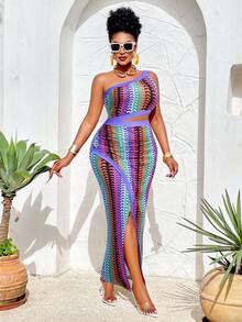 BIUBIU Plus Size Women Sleeveless Asymmetric Collar Knit Bodycon Dress With High Slit Hem, Summer Outfit - Pink Purple - View 3