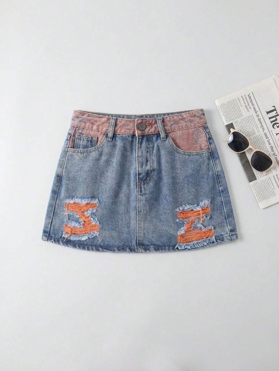 Light Blue Denim Mini Skirt With Pink Contrast And Rips, High-Waisted And A-Line Cut, Versatile And Modern - Blue and Pink - View 1