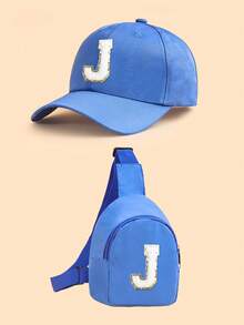 2 piezas Conjunto de gorra de béisbol con 26 letras y bolso bandolera para niños, gorra de sol azul ajustable + bolso de pecho casual, adecuado para uso diario - Azul - Ver 7