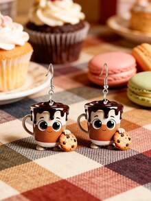 1 paire de boucles d'oreilles pendantes en acrylique avec motifs café et biscuits, convient pour le port estival des femmes, idéal pour les vacances et les fêtes, cadeau parfait pour les fêtes et les anniversaires - Multicolore - Voir 3