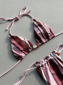 Bikinx Casual Cute Women Halter Bikini Set With Striped Pattern Backless Lace Up And Beaded Details Tie Side Bottom - Multicolor - View 8