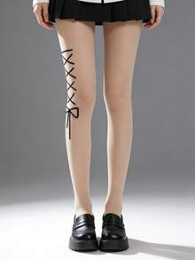 1双蝴蝶结杏色丝袜，日式甜美交叉绑带连裤袜，女士紧身裤袜 - 杏色 - 查看 6