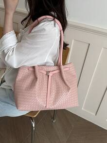 大容量女士手提包，时尚编织纹理单肩包，休闲百搭简约风格女士工作包 - 粉色 - 查看 4